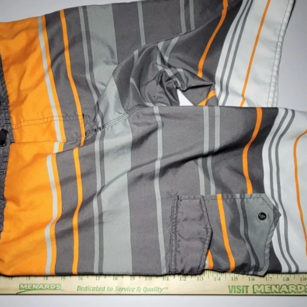 Hang Ten Mens Orange and Gray Striped Swim Trunks With 1 Pocket Size Large